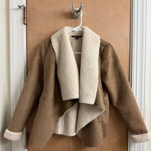 Ralph Lauren Tan Sherpa Faux Suede Open Front Jacket Sz Petite XS